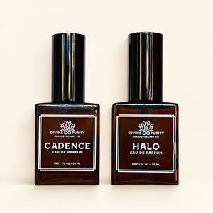 Cadence and Halo eau de parfum, 30 mL amber bottles on a warm cream background