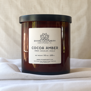 Cocoa Amber candle in previous packaging with white label