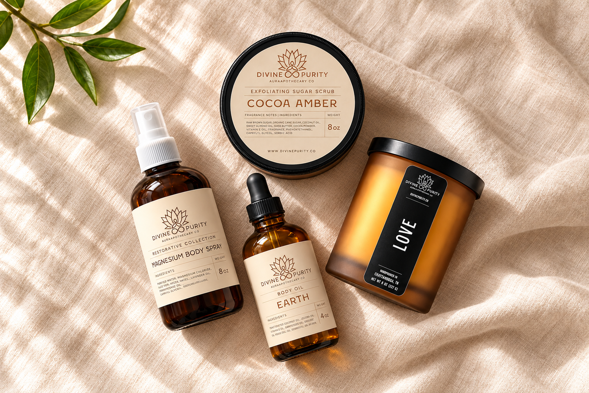 Divine Purity Love candle, Cocoa Amber scrub, Earth body oil and magnesium spray centered on cream linen with greenery