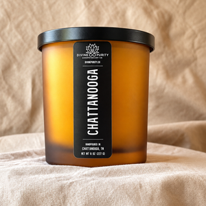 Chattanooga 8 oz candle in frosted amber glass