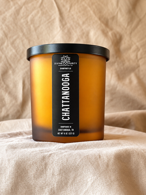 Chattanooga 8 oz candle in frosted amber glass