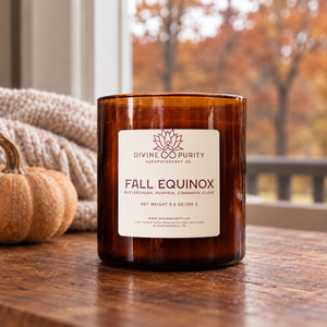 Divine Purity Fall Equinox candle with a pumpkin and autumn window