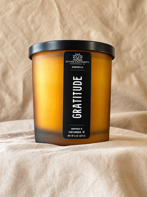 Gratitude 8 oz candle in frosted amber glass