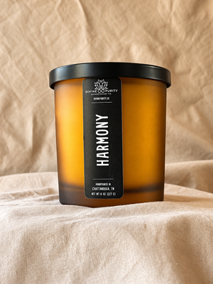 Harmony 8 oz candle in frosted amber glass