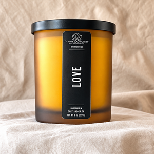 Love 8 oz candle in frosted amber glass