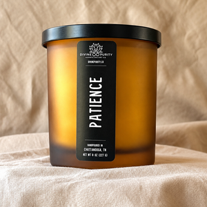 Patience 8 oz candle in frosted amber glass