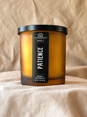 Patience 8 oz candle in frosted amber glass