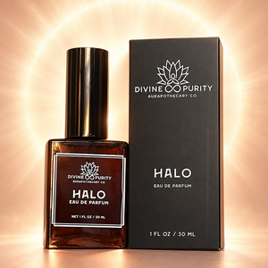 Halo eau de parfum, 30 mL bottle and box with a luminous aura against Sun-blush