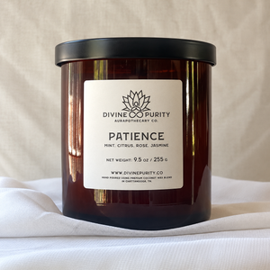patience candle in previous packaging with white label